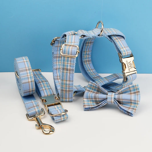 Plaid Dog Collar And Leash Set For Dogs Custom Engraved Nameplate